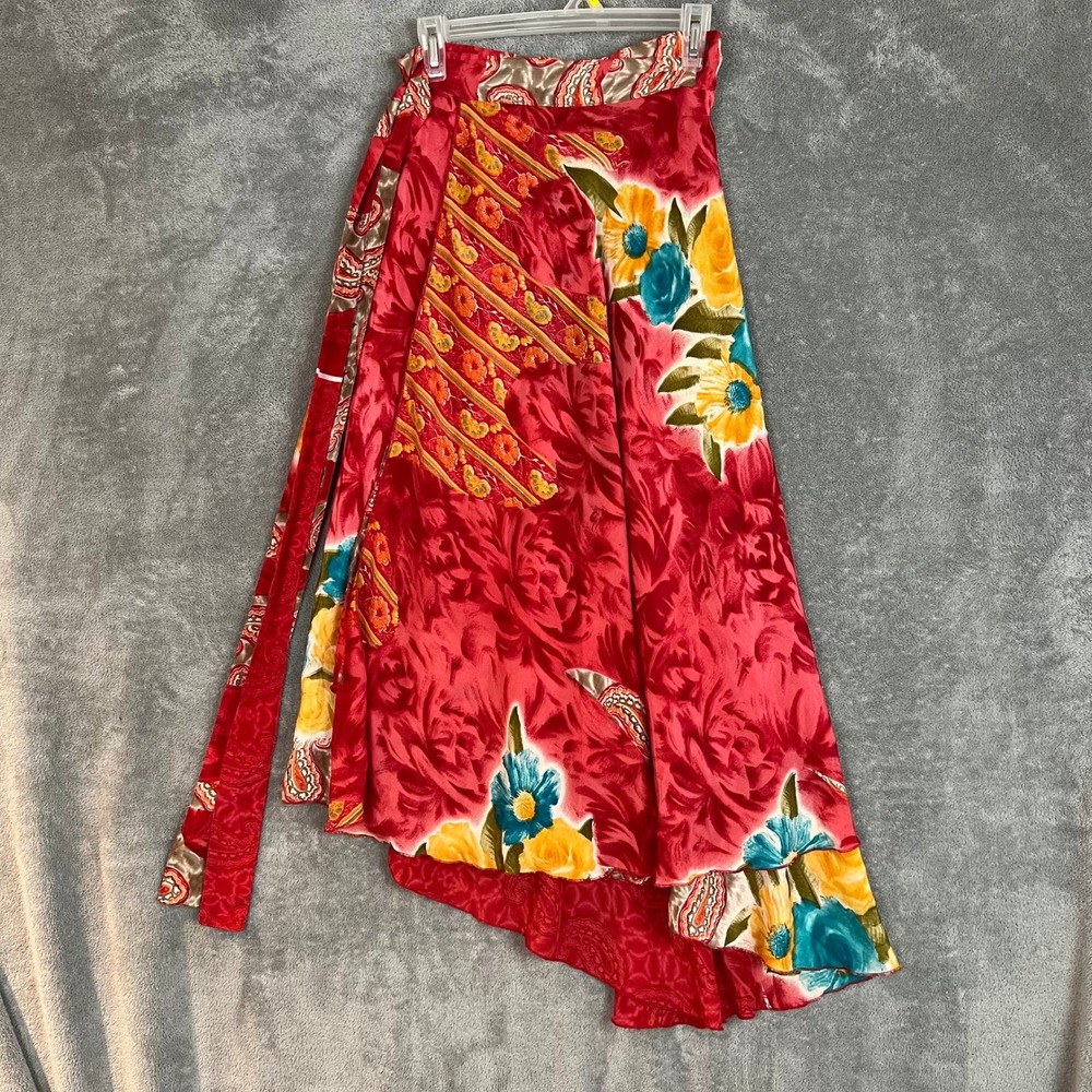 Vintage Wrap Maxi Skirt Womens OS Silk Blend Floral Vacation Beach Resort